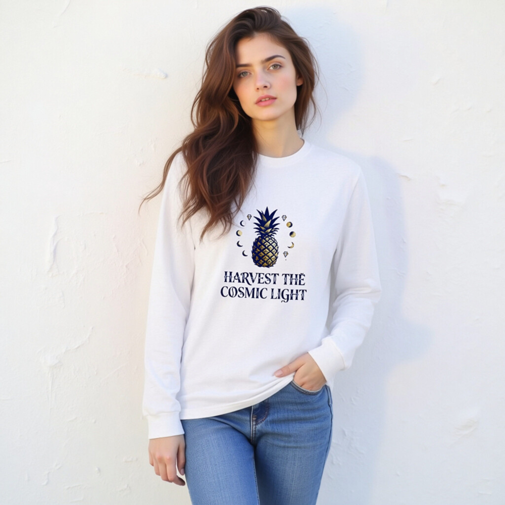 Harvest the Cosmic Light Pineapple Long Sleeve Tee - Unisex, Dark Blue & Gold - Image 6