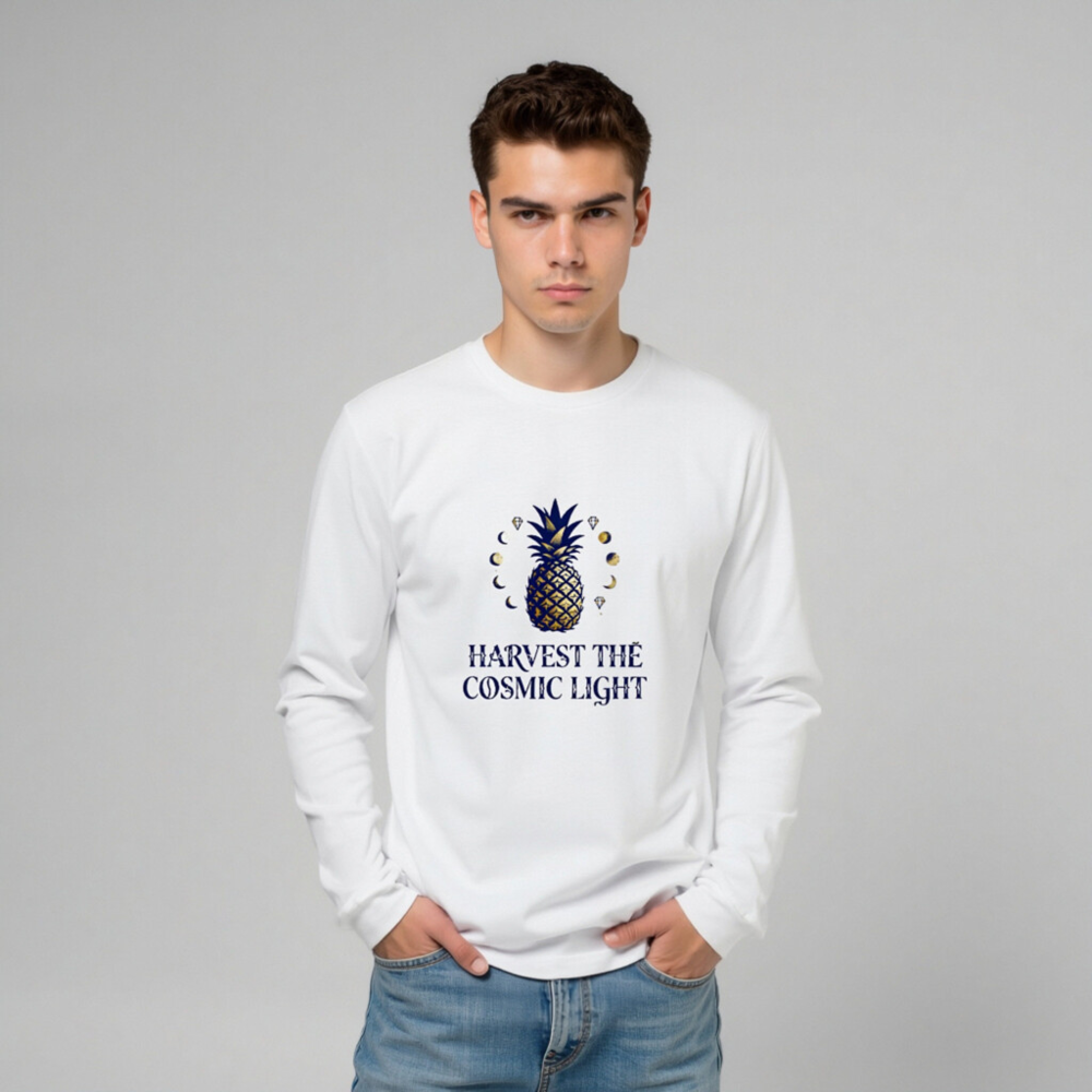 Harvest the Cosmic Light Pineapple Long Sleeve Tee - Unisex, Dark Blue & Gold - Image 8