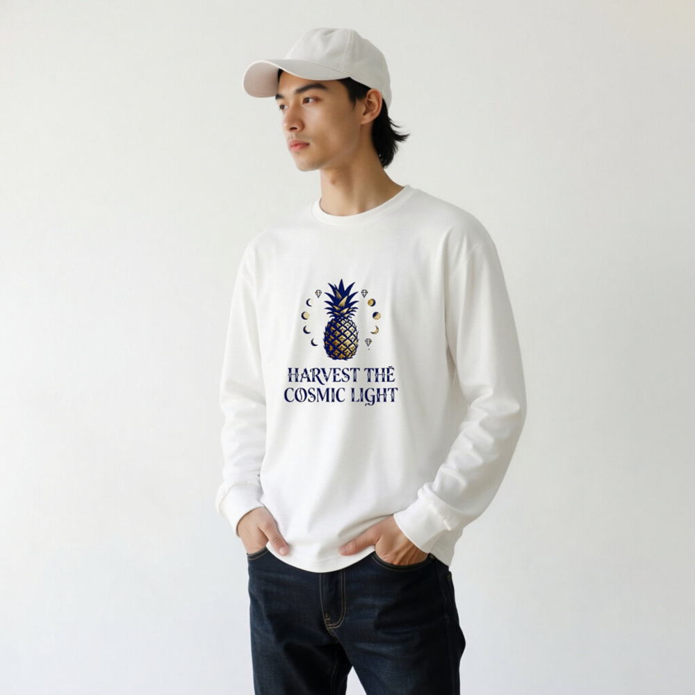 Harvest the Cosmic Light Pineapple Long Sleeve Tee - Unisex, Dark Blue & Gold - Image 9