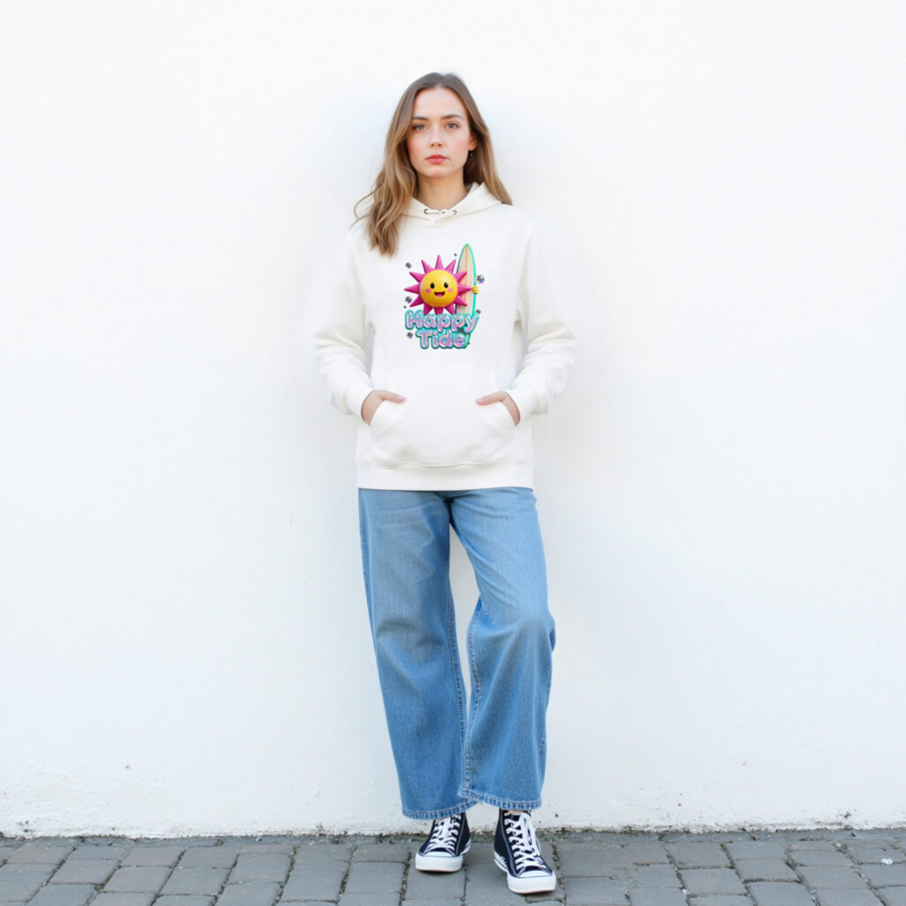 Happy Tide Unisex Eco Hoodie | Sustainable Soft Hoodie with Sun Surf Graphic - Image 3