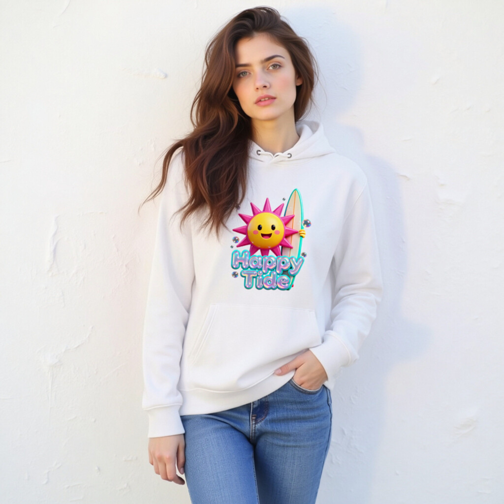 Happy Tide Unisex Eco Hoodie | Sustainable Soft Hoodie with Sun Surf Graphic - Image 8