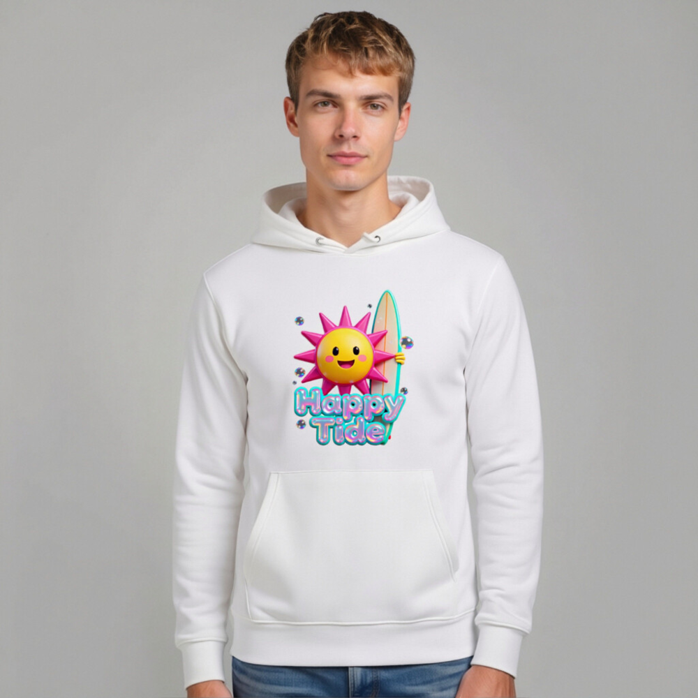 Happy Tide Unisex Eco Hoodie | Sustainable Soft Hoodie with Sun Surf Graphic - Image 9