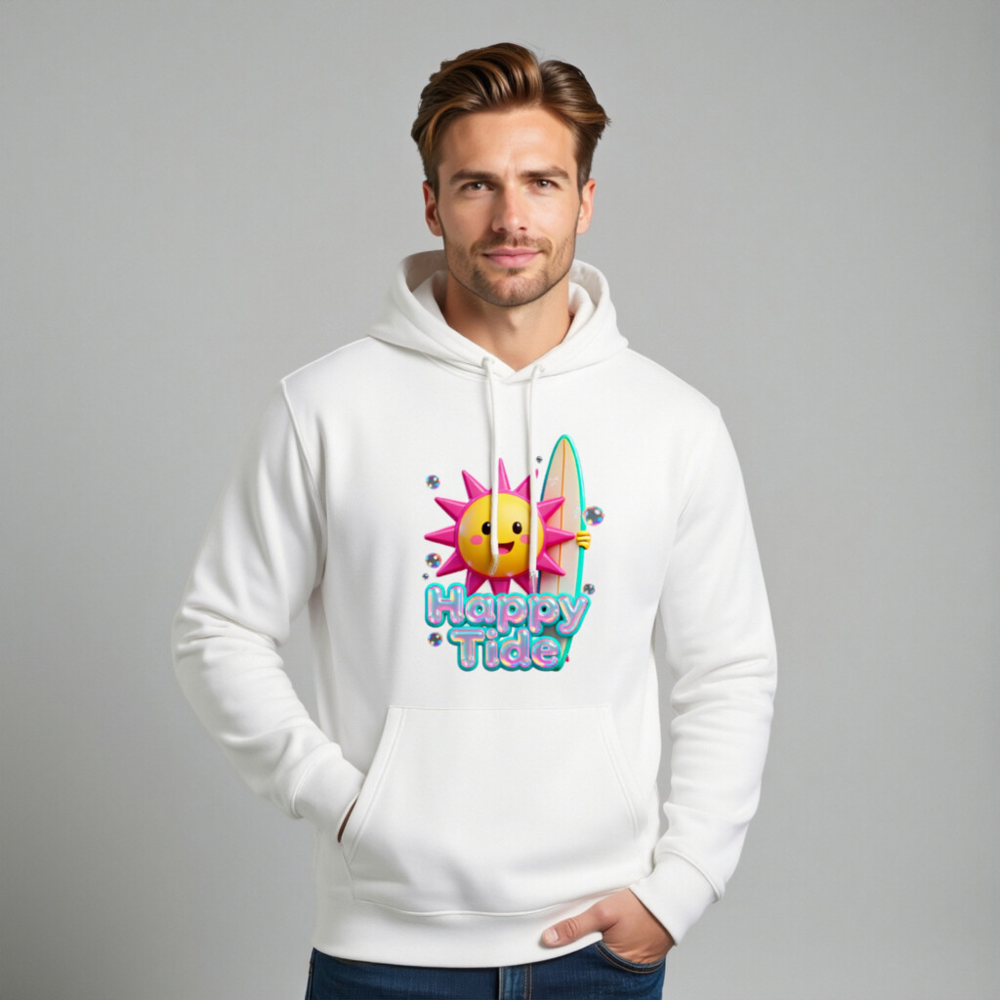 Happy Tide Unisex Eco Hoodie | Sustainable Soft Hoodie with Sun Surf Graphic - Image 10