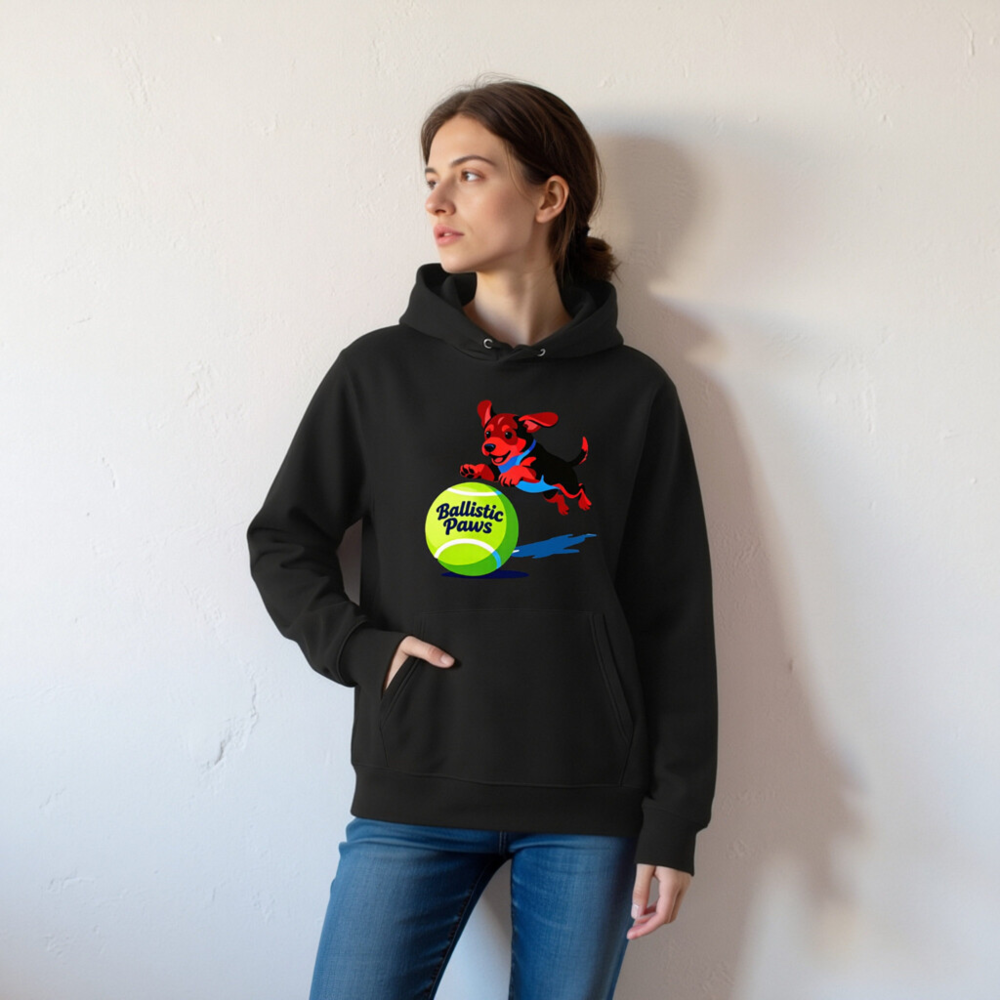 Ballistic Paws Unisex Eco Hoodie - Sustainable Essential Sweatshirt with Dog & Tennis Ball Graphic - Image 5