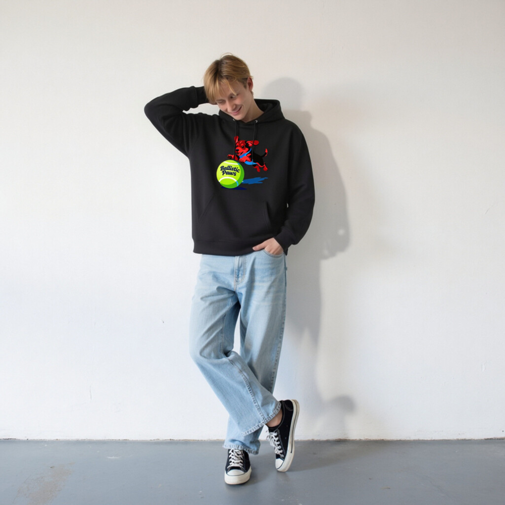 Ballistic Paws Unisex Eco Hoodie - Sustainable Essential Sweatshirt with Dog & Tennis Ball Graphic - Image 6