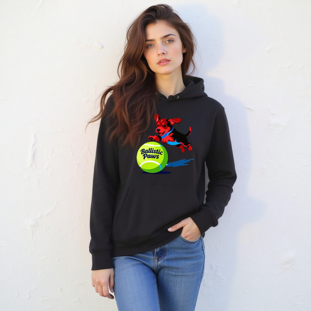 Ballistic Paws Unisex Eco Hoodie - Sustainable Essential Sweatshirt with Dog & Tennis Ball Graphic - Image 8