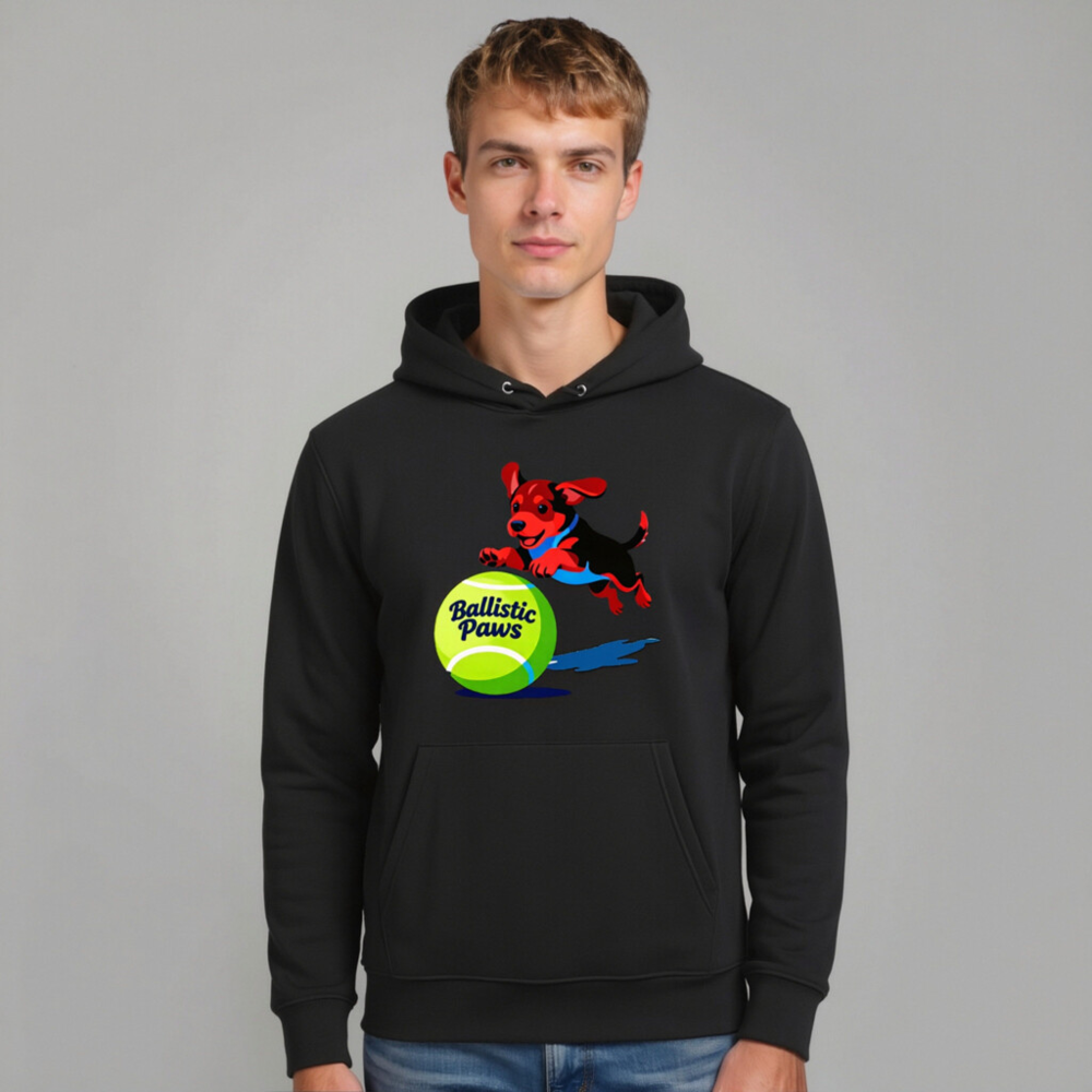 Ballistic Paws Unisex Eco Hoodie - Sustainable Essential Sweatshirt with Dog & Tennis Ball Graphic - Image 9