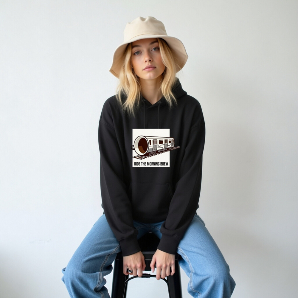 Unisex Eco Hoodie | Ride the Morning Brew Train Design - Image 4