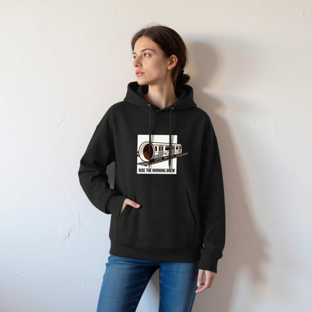 Unisex Eco Hoodie | Ride the Morning Brew Train Design - Image 5