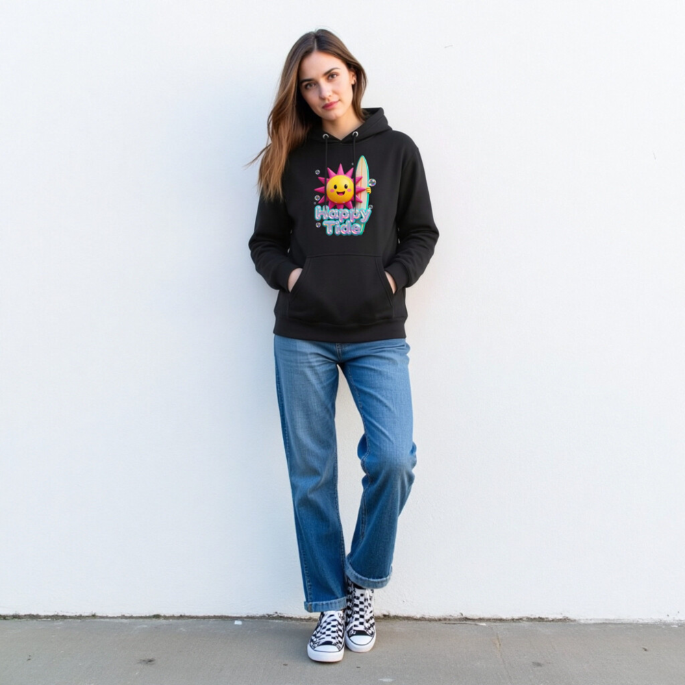 Happy Tide Unisex Premium Pullover Hoodie - Surf Sun Design, Black - Image 3