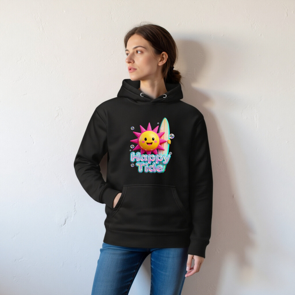 Happy Tide Unisex Premium Pullover Hoodie - Surf Sun Design, Black - Image 6