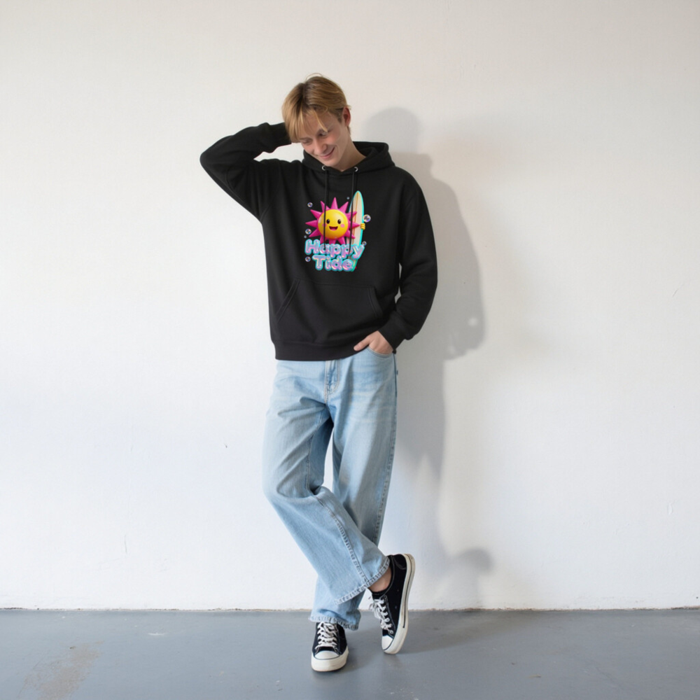 Happy Tide Unisex Premium Pullover Hoodie - Surf Sun Design, Black - Image 7