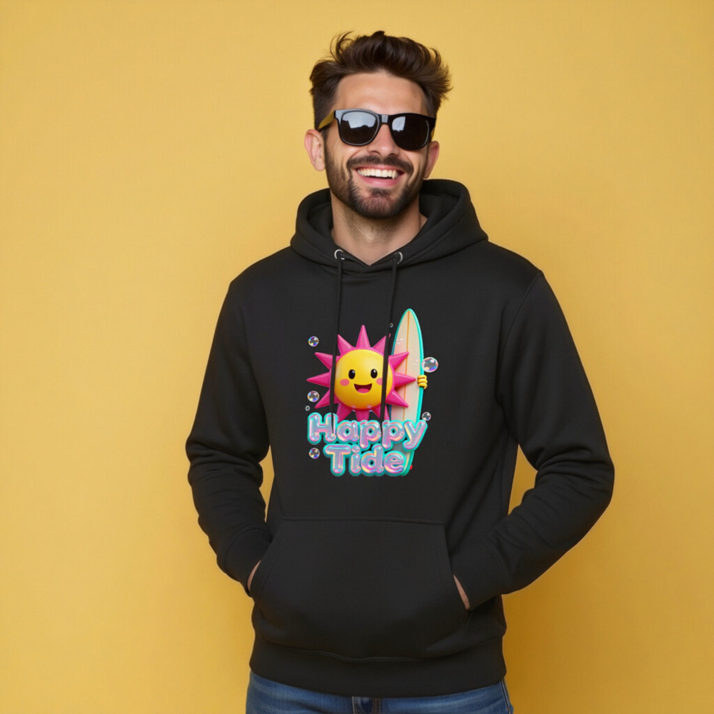 Happy Tide Unisex Premium Pullover Hoodie - Surf Sun Design, Black - Image 8