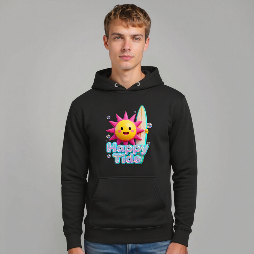 Happy Tide Unisex Premium Pullover Hoodie - Surf Sun Design, Black - Image 10