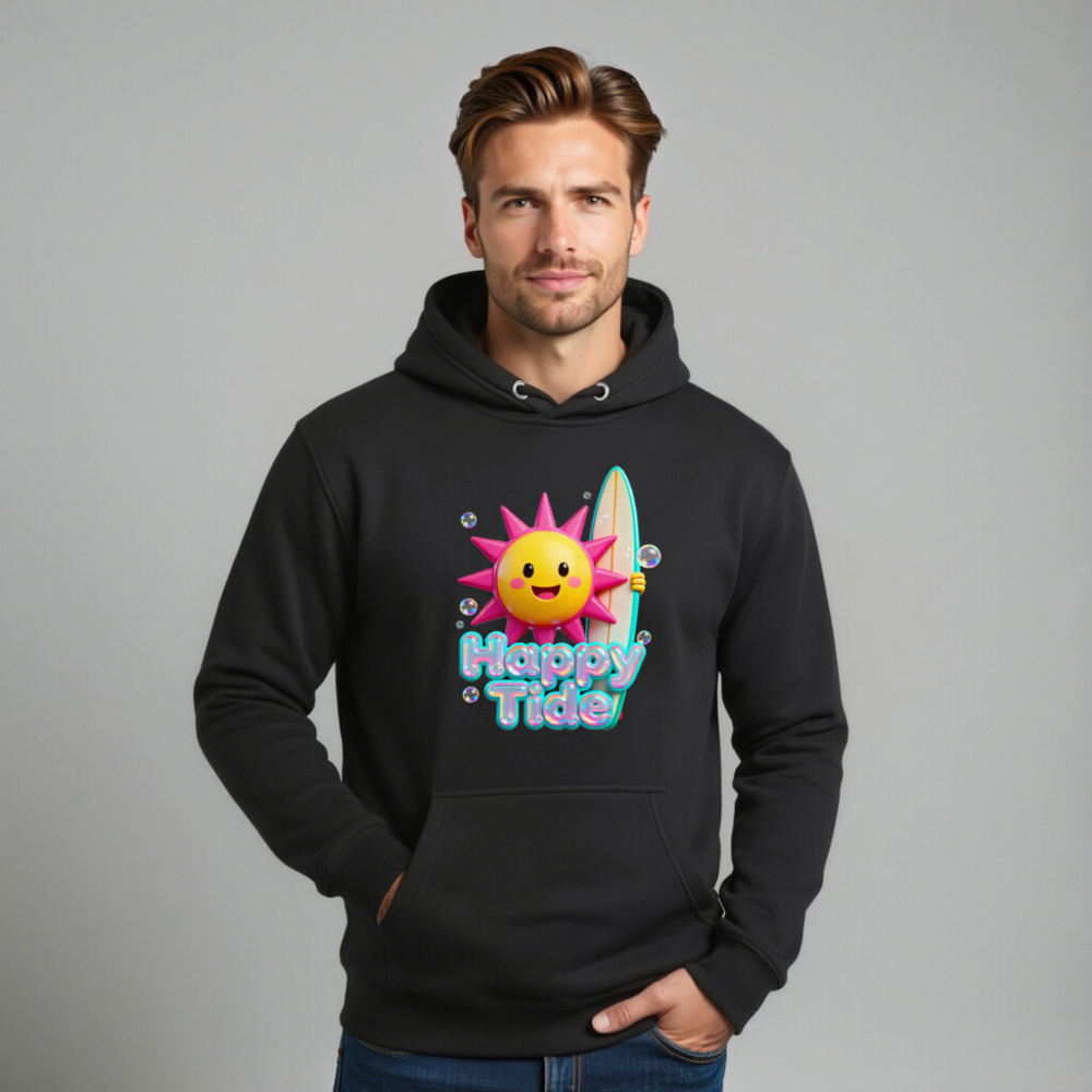 Happy Tide Unisex Premium Pullover Hoodie - Surf Sun Design, Black - Image 11