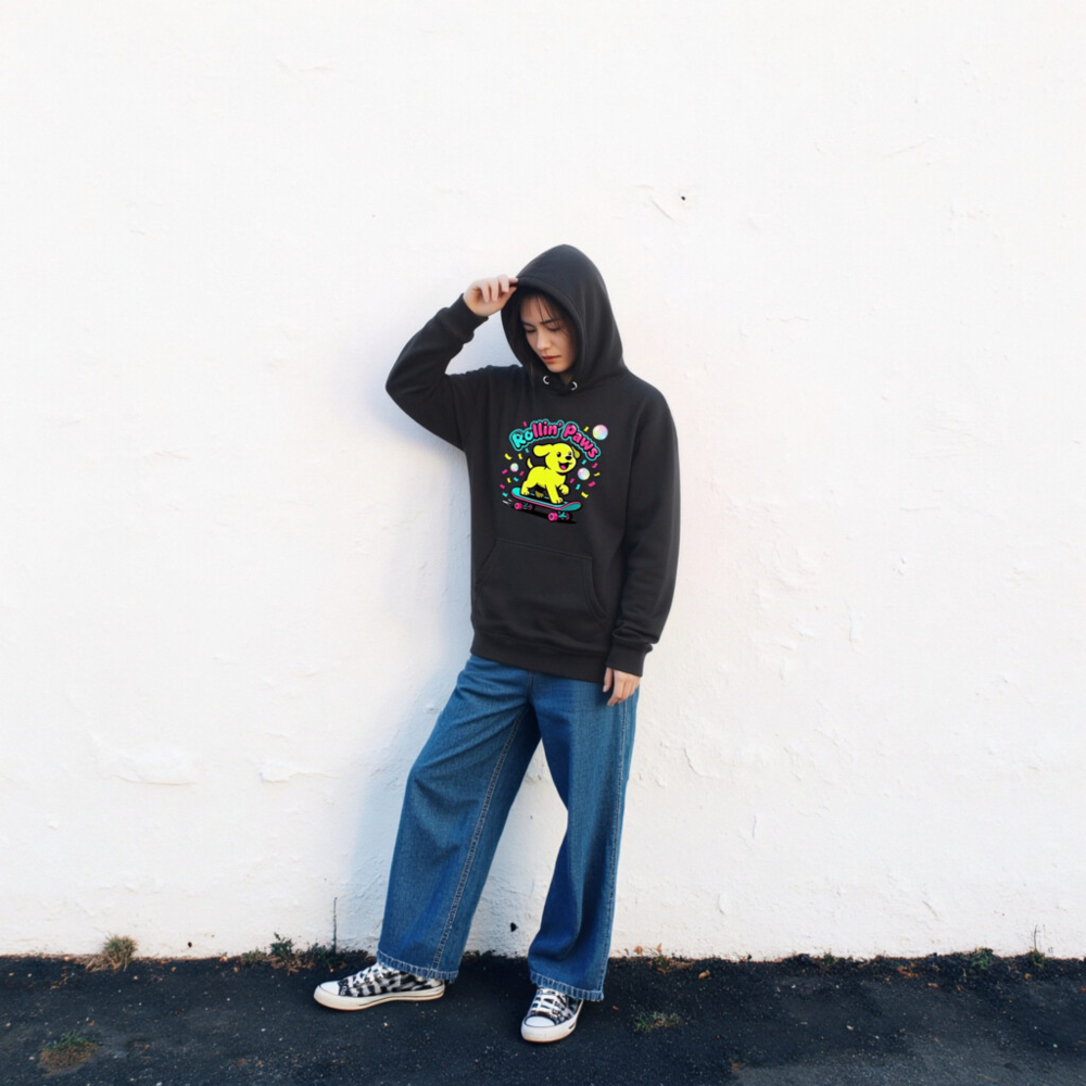 Unisex Premium Pullover Hoodie - Rollin' Paws Yellow Puppy Skateboard Design - Image 2