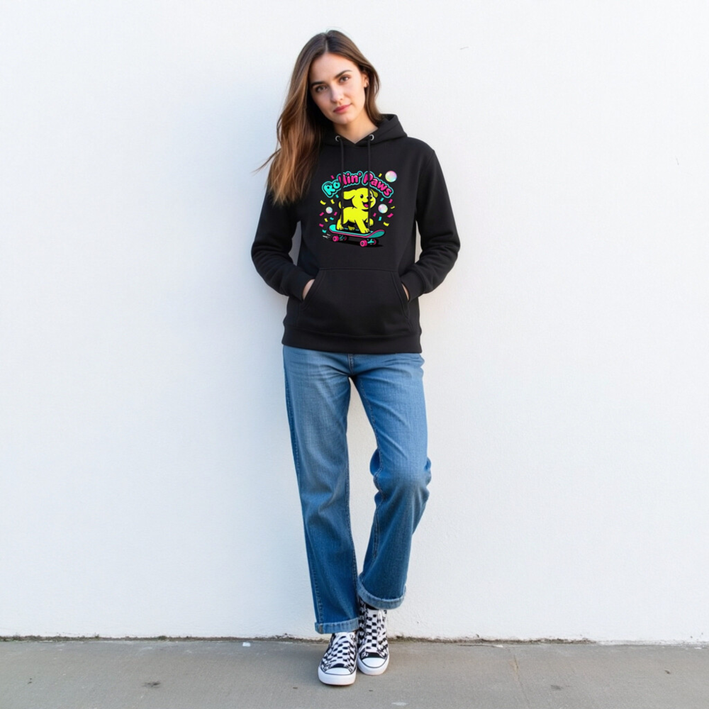 Unisex Premium Pullover Hoodie - Rollin' Paws Yellow Puppy Skateboard Design - Image 3