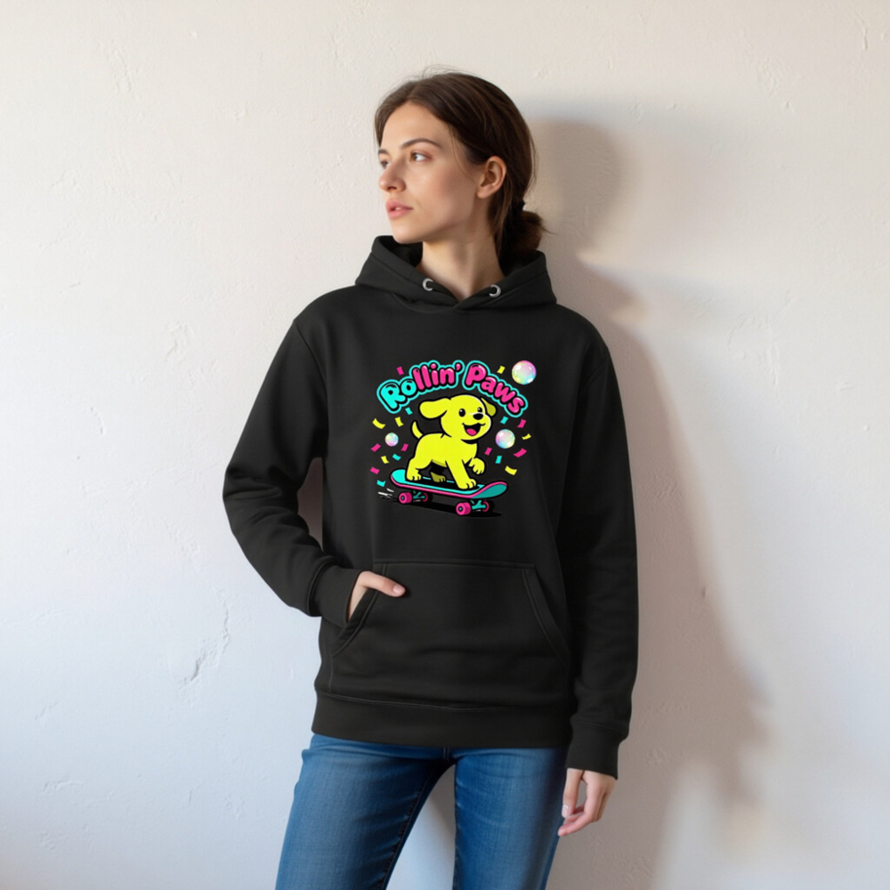 Unisex Premium Pullover Hoodie - Rollin' Paws Yellow Puppy Skateboard Design - Image 6