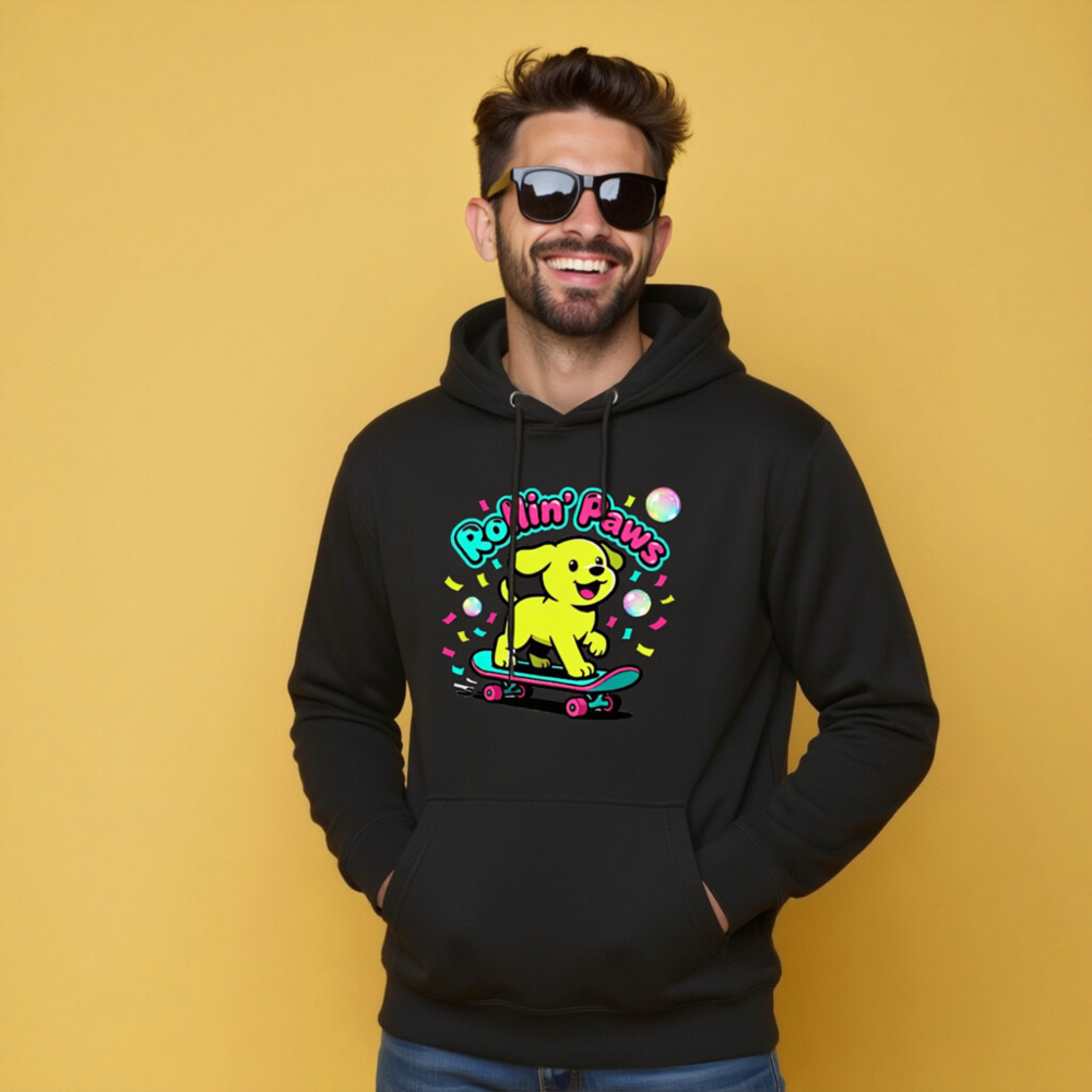 Unisex Premium Pullover Hoodie - Rollin' Paws Yellow Puppy Skateboard Design - Image 8