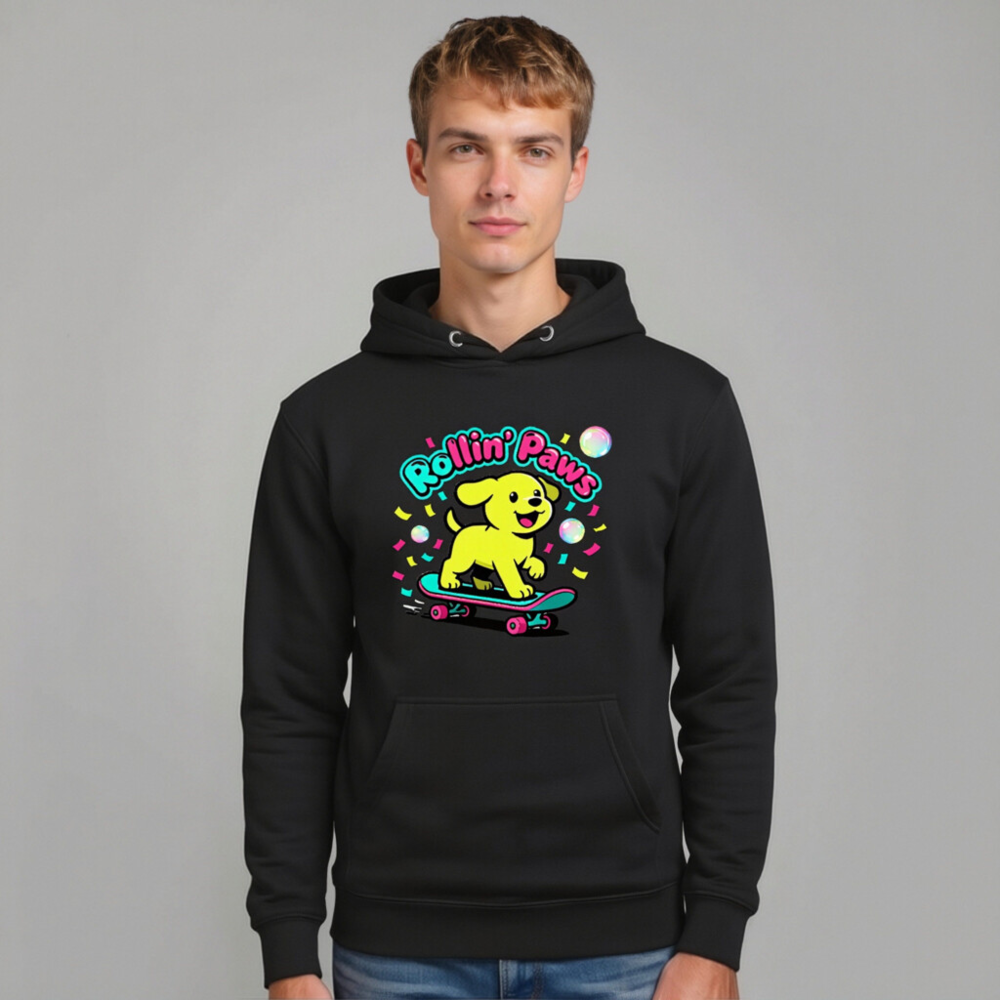 Unisex Premium Pullover Hoodie - Rollin' Paws Yellow Puppy Skateboard Design - Image 10