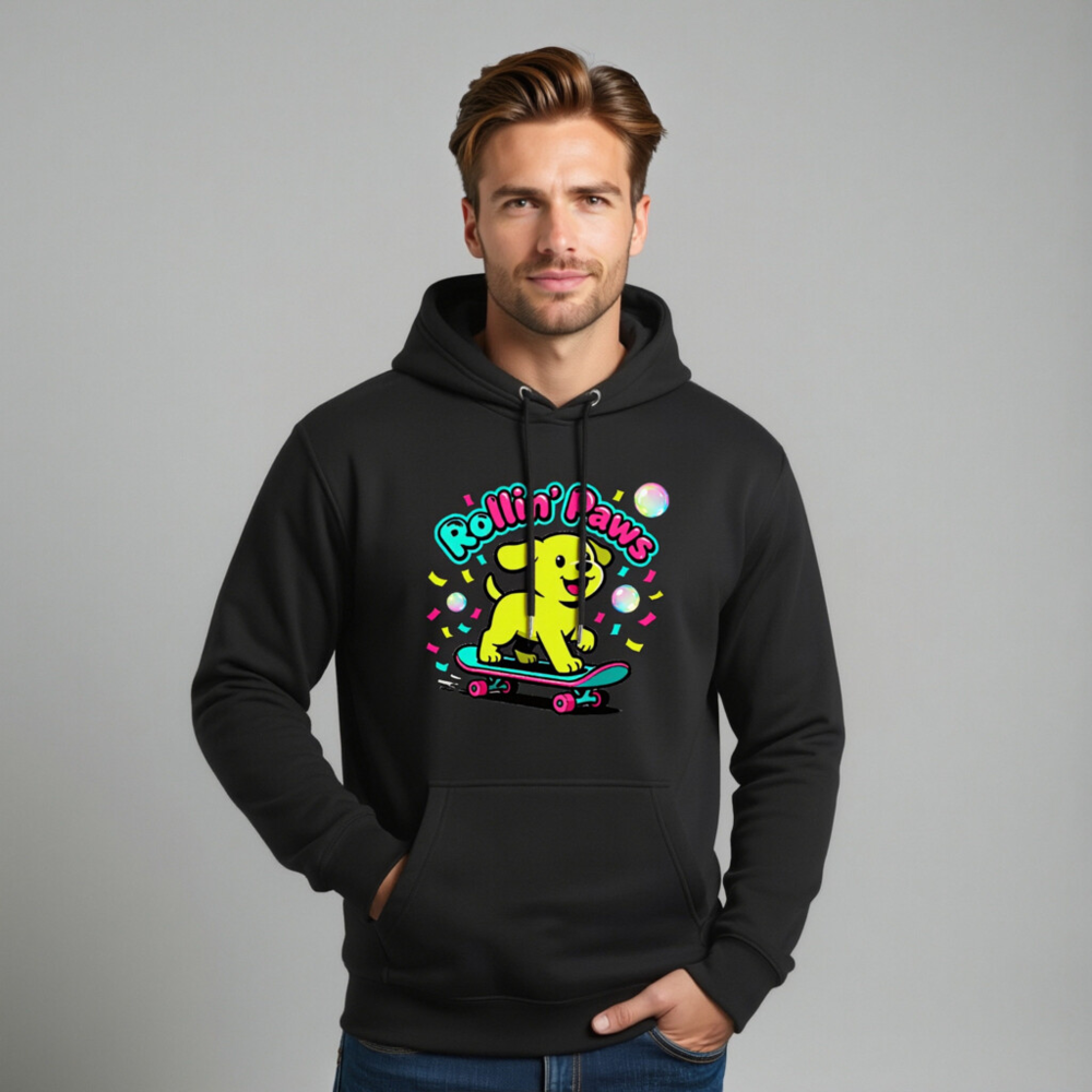 Unisex Premium Pullover Hoodie - Rollin' Paws Yellow Puppy Skateboard Design - Image 11