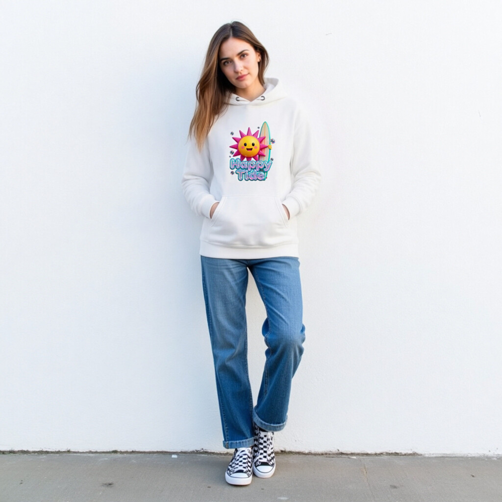 Happy Tide Unisex Premium Pullover Hoodie - Bright Sun & Surfboard Design - Image 3