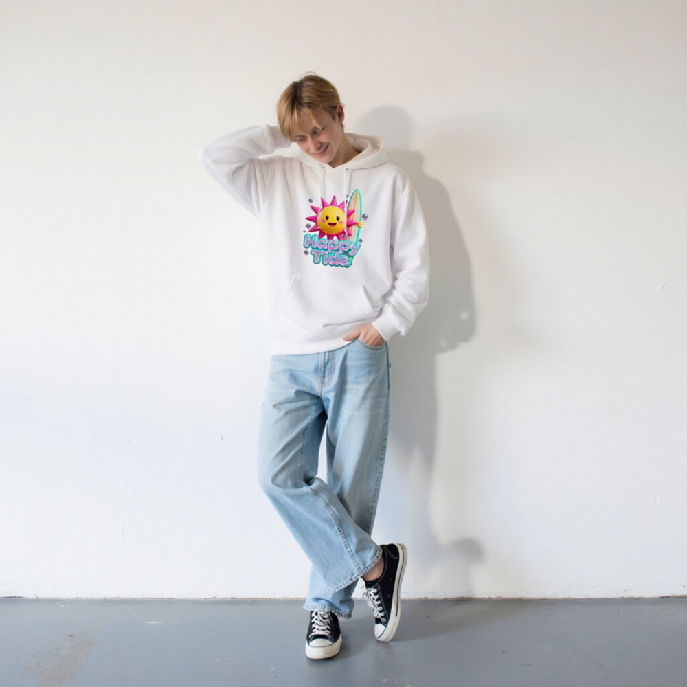 Happy Tide Unisex Premium Pullover Hoodie - Bright Sun & Surfboard Design - Image 6