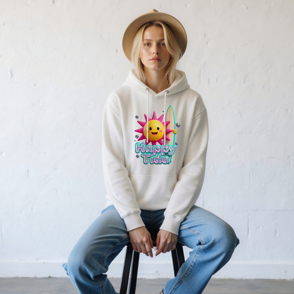 Happy Tide Unisex Premium Pullover Hoodie - Bright Sun & Surfboard Design - Image 7