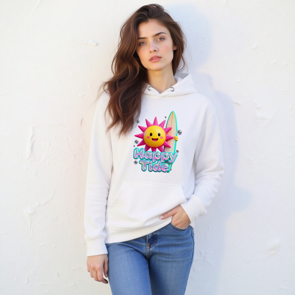 Happy Tide Unisex Premium Pullover Hoodie - Bright Sun & Surfboard Design - Image 8