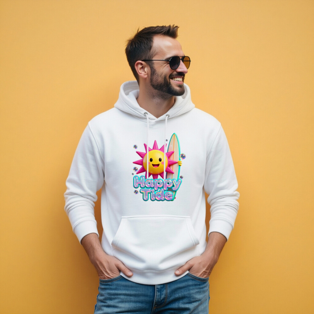 Happy Tide Unisex Premium Pullover Hoodie - Bright Sun & Surfboard Design - Image 9