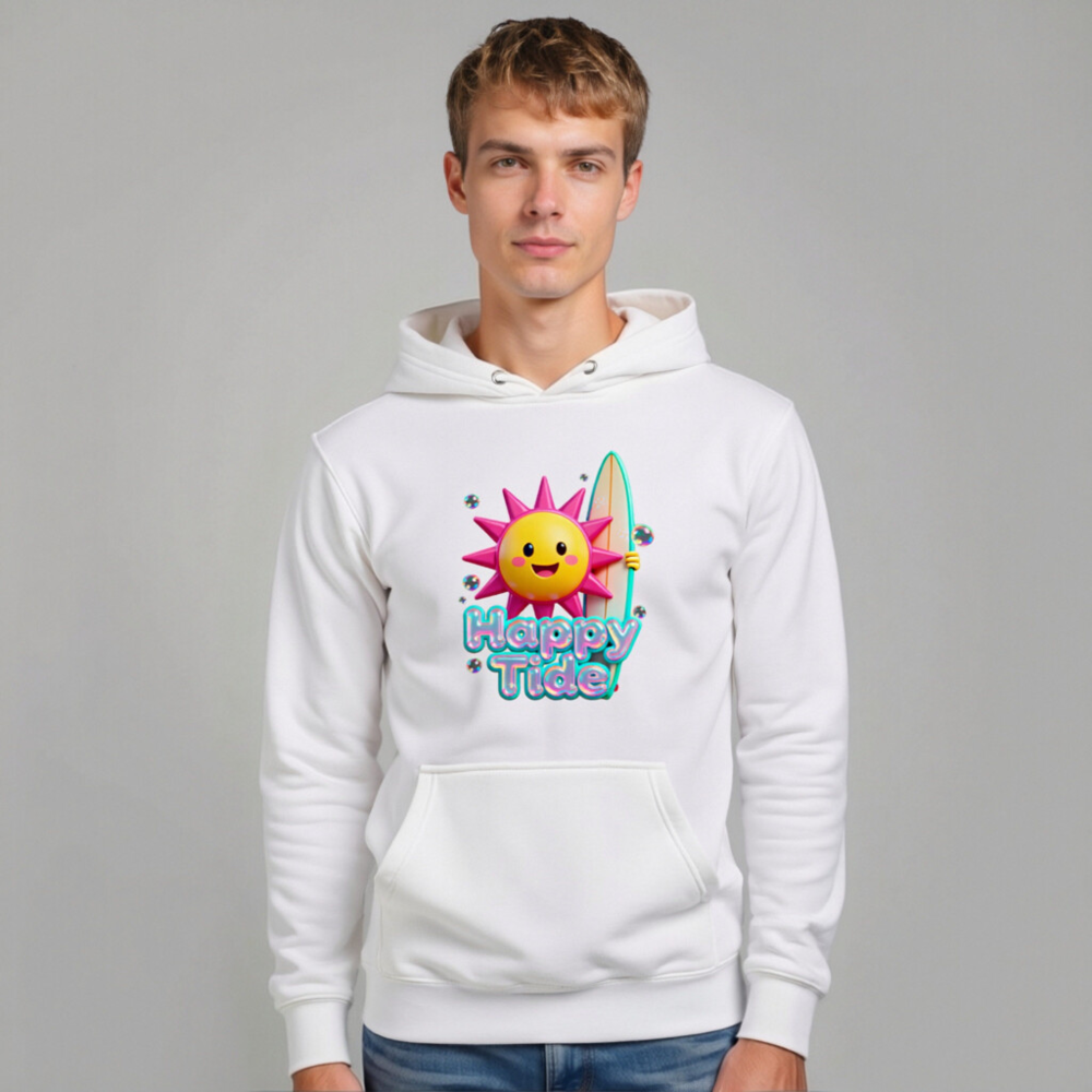 Happy Tide Unisex Premium Pullover Hoodie - Bright Sun & Surfboard Design - Image 10