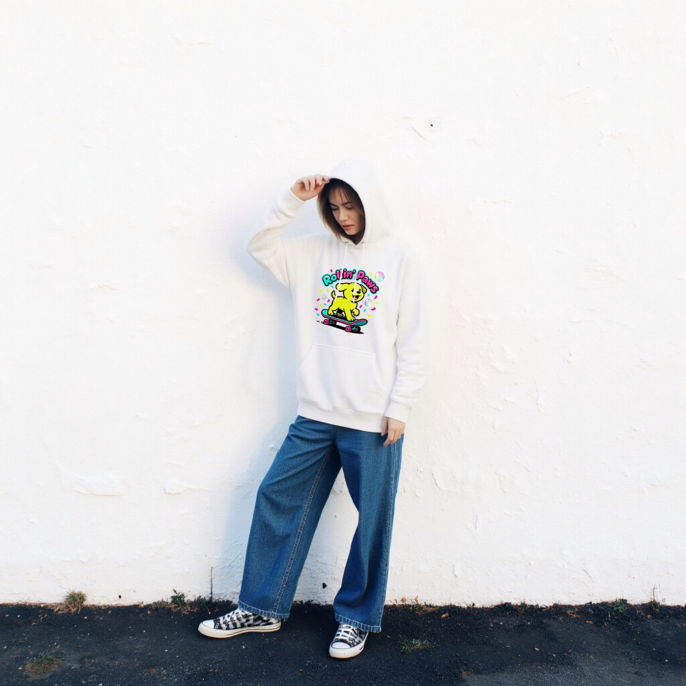 Unisex Premium Pullover Hoodie - Rollin' Paws Yellow Puppy Skateboard Design - Image 2