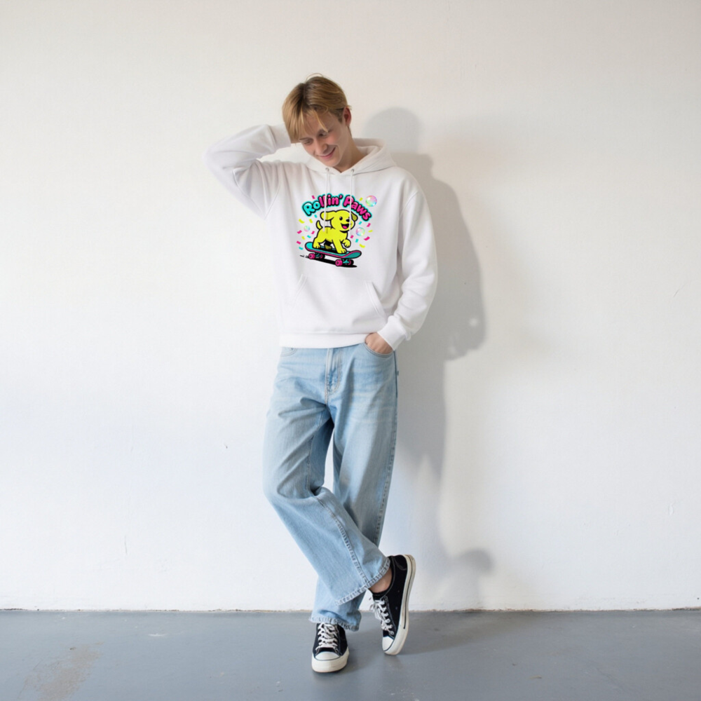 Unisex Premium Pullover Hoodie - Rollin' Paws Yellow Puppy Skateboard Design - Image 6