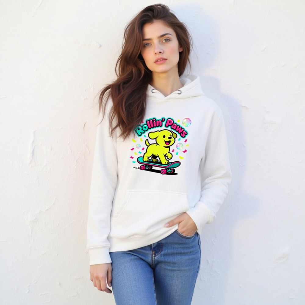 Unisex Premium Pullover Hoodie - Rollin' Paws Yellow Puppy Skateboard Design - Image 8