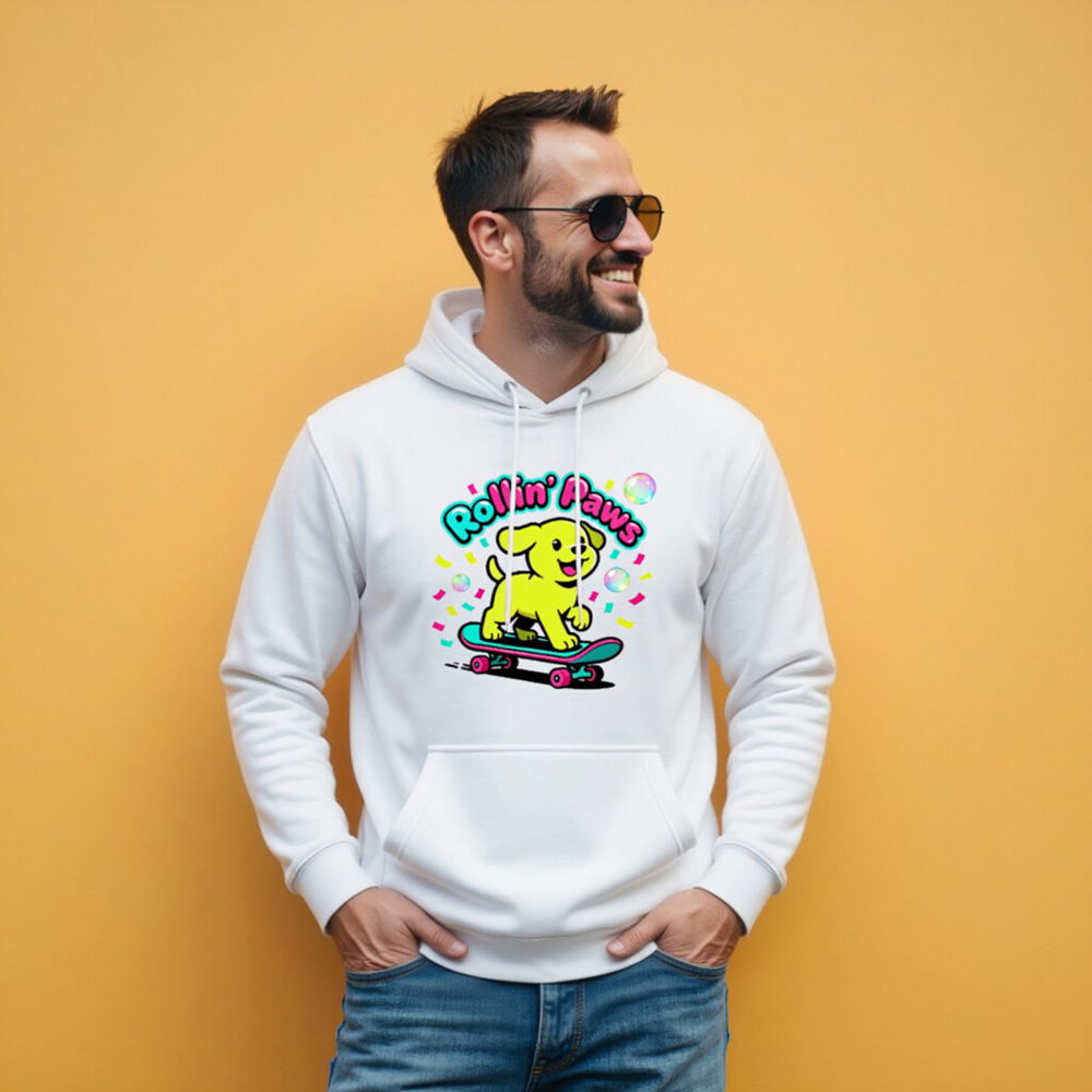 Unisex Premium Pullover Hoodie - Rollin' Paws Yellow Puppy Skateboard Design - Image 9