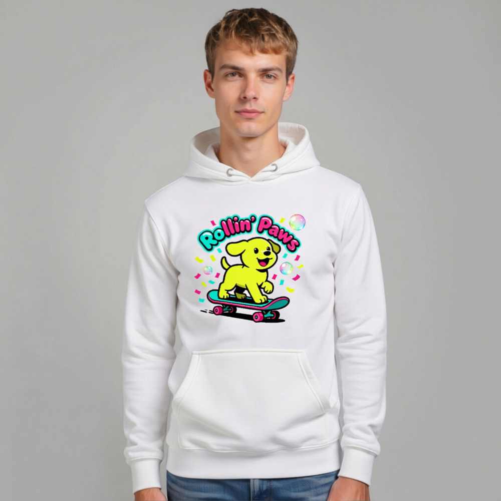 Unisex Premium Pullover Hoodie - Rollin' Paws Yellow Puppy Skateboard Design - Image 10