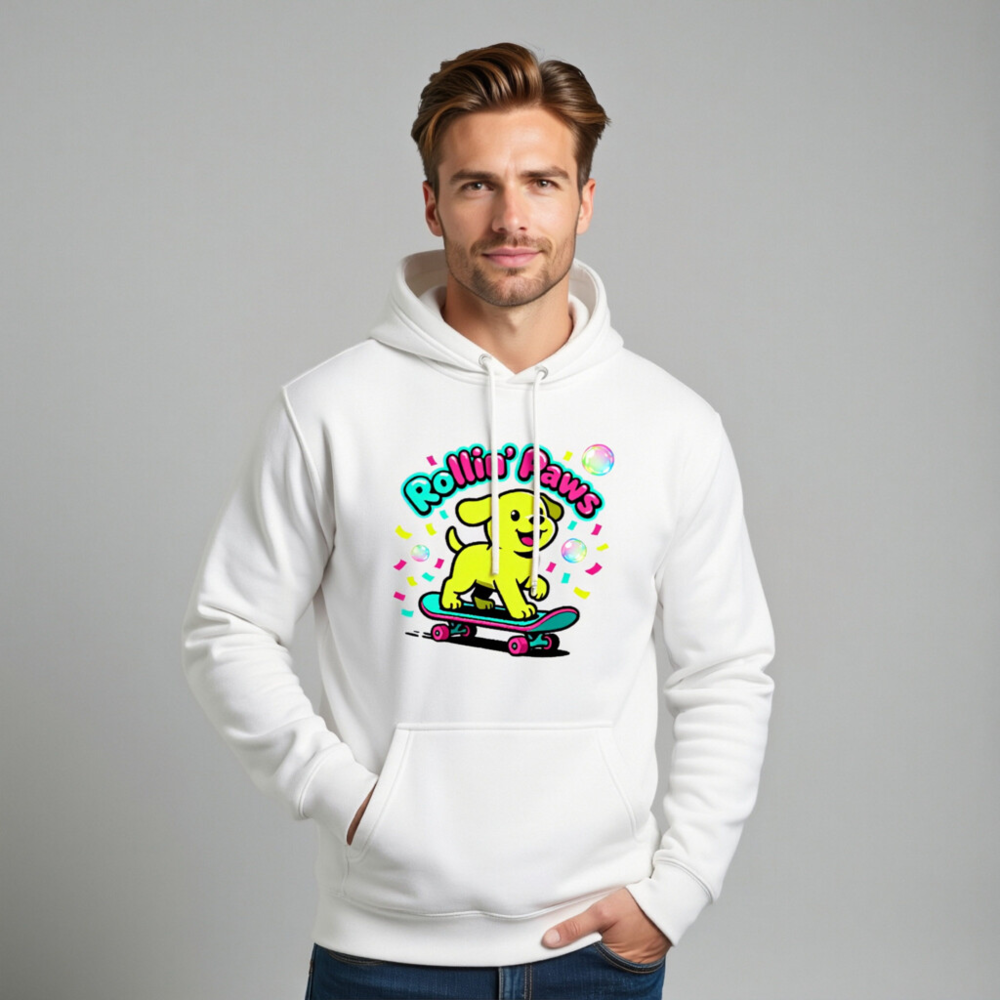 Unisex Premium Pullover Hoodie - Rollin' Paws Yellow Puppy Skateboard Design - Image 11