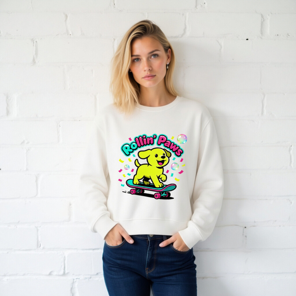 Unisex Organic Sweatshirt | Rollin' Paws Yellow Puppy Skateboard Design - Image 2