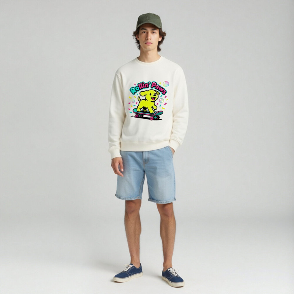 Unisex Organic Sweatshirt | Rollin' Paws Yellow Puppy Skateboard Design - Image 3