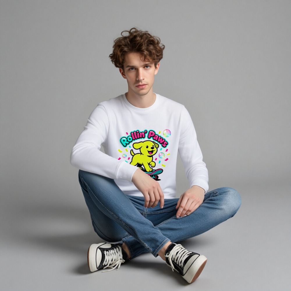 Unisex Organic Sweatshirt | Rollin' Paws Yellow Puppy Skateboard Design - Image 4