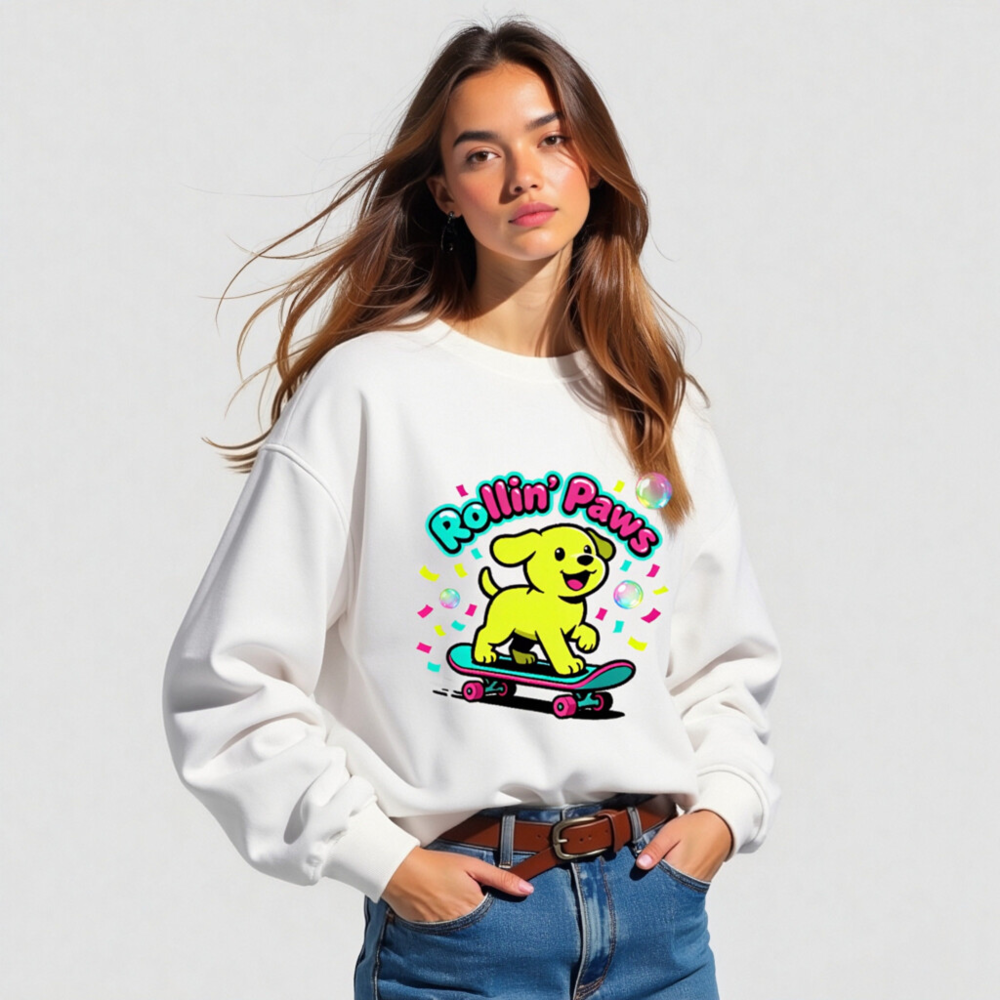 Unisex Organic Sweatshirt | Rollin' Paws Yellow Puppy Skateboard Design - Image 5