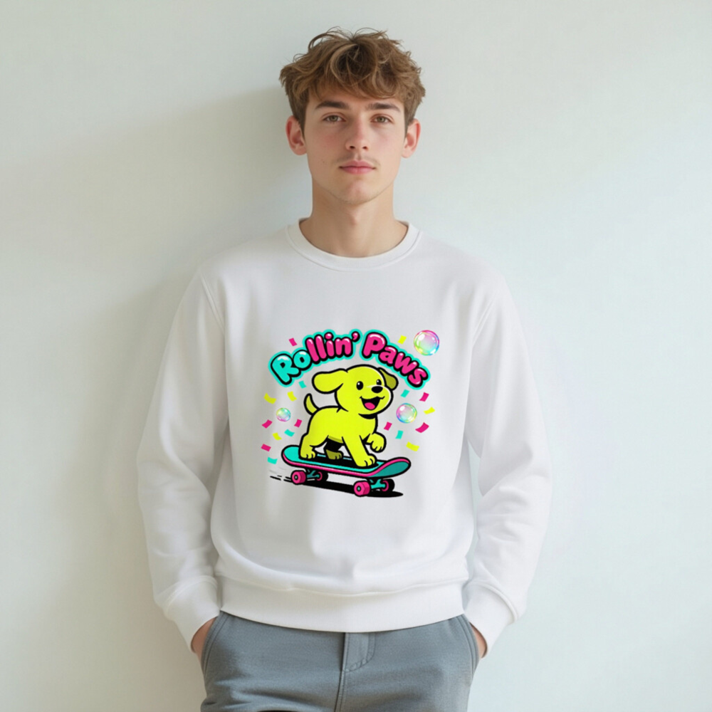 Unisex Organic Sweatshirt | Rollin' Paws Yellow Puppy Skateboard Design - Image 6
