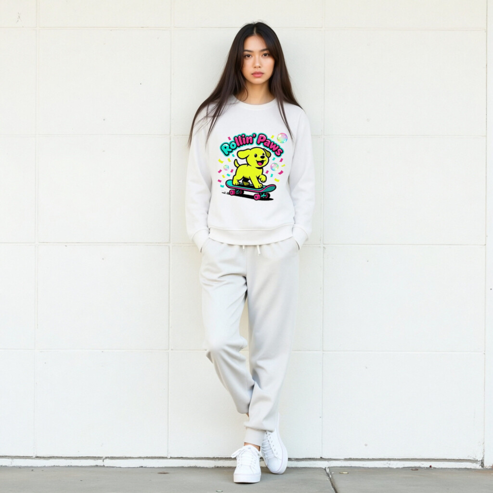 Unisex Organic Sweatshirt | Rollin' Paws Yellow Puppy Skateboard Design - Image 8