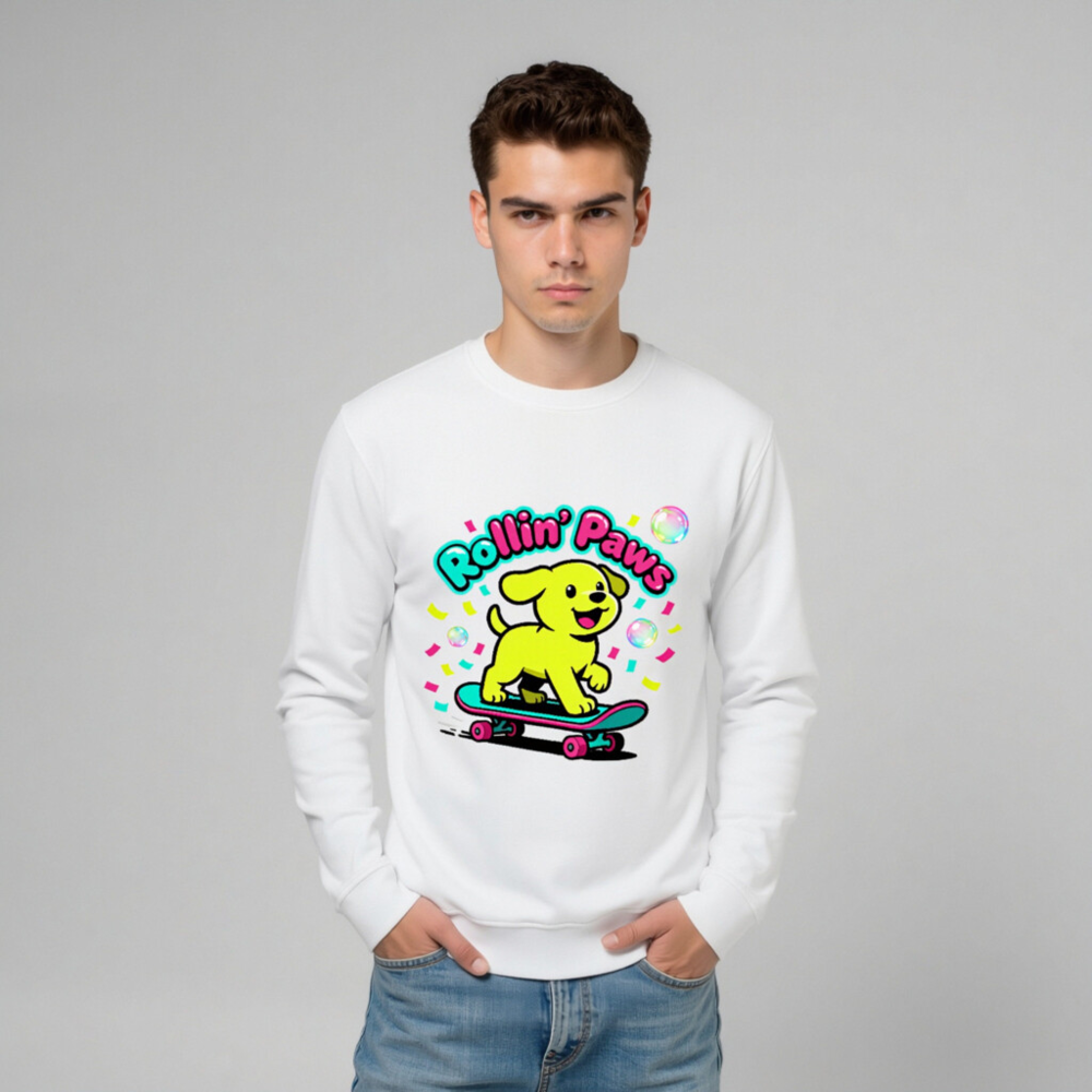 Unisex Organic Sweatshirt | Rollin' Paws Yellow Puppy Skateboard Design - Image 9