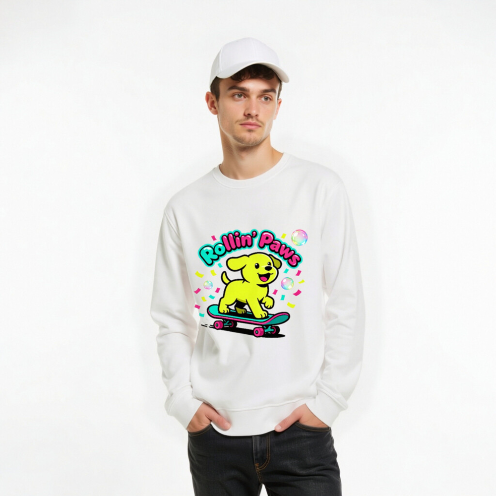 Unisex Organic Sweatshirt | Rollin' Paws Yellow Puppy Skateboard Design - Image 10