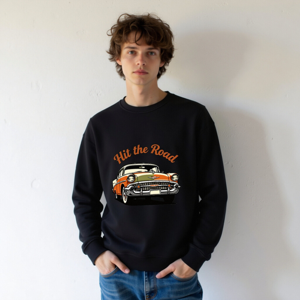 Unisex Organic Sweatshirt - Hit the Road Classic Car Graphic, Eco-Friendly & Comfortable - Image 10