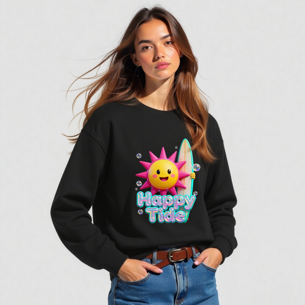 Happy Tide Unisex Organic Sweatshirt | Eco-Friendly Surfer Sun Design - Image 2
