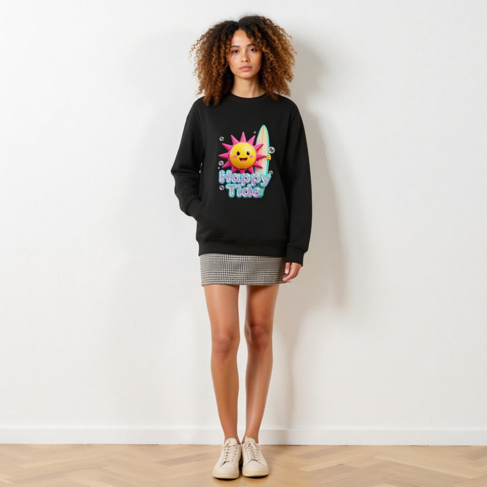 Happy Tide Unisex Organic Sweatshirt | Eco-Friendly Surfer Sun Design - Image 3