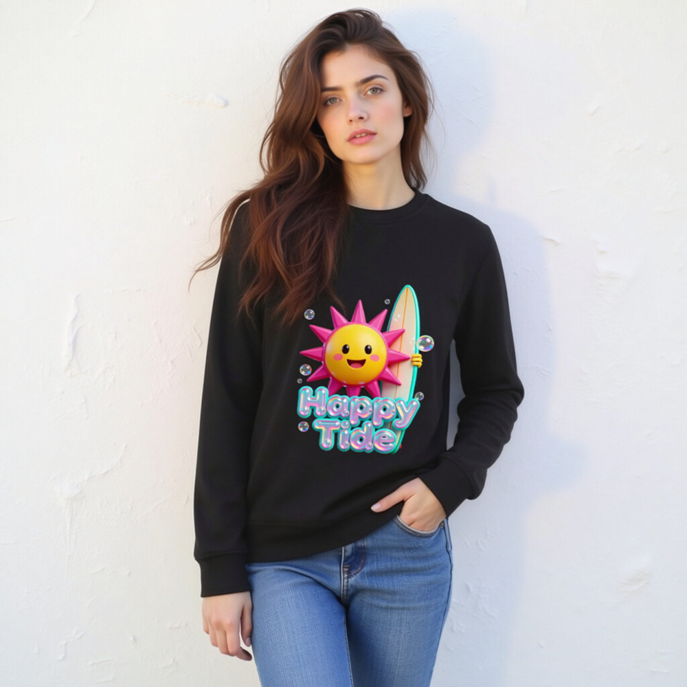 Happy Tide Unisex Organic Sweatshirt | Eco-Friendly Surfer Sun Design - Image 4