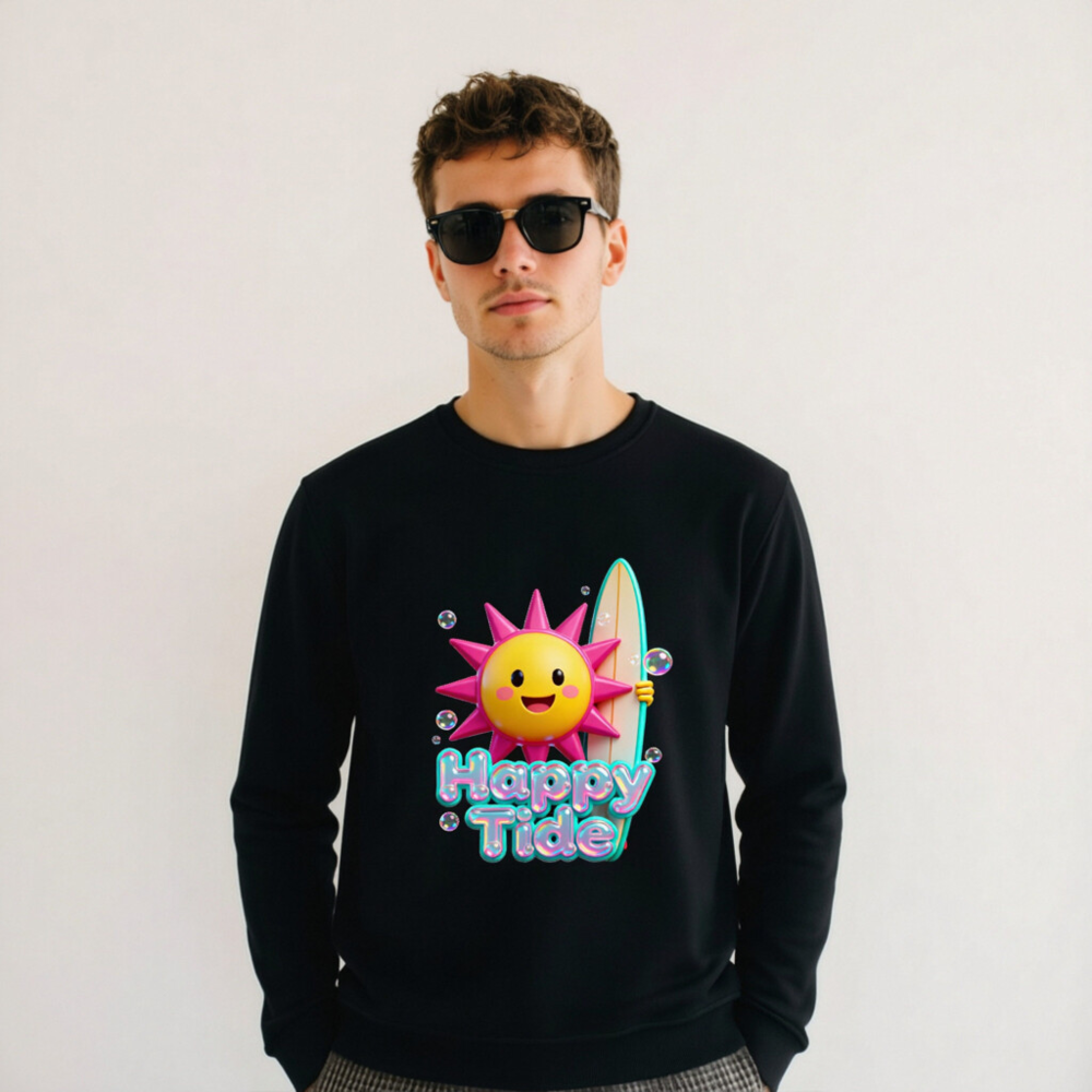 Happy Tide Unisex Organic Sweatshirt | Eco-Friendly Surfer Sun Design - Image 5